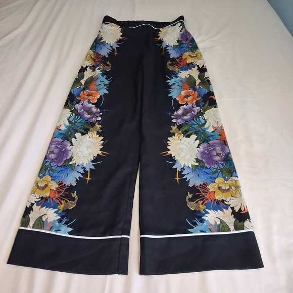 Biba Pants - Biba Floral Koi Fish Print Wide Leg Pants Black High Elasic Waist Size 12